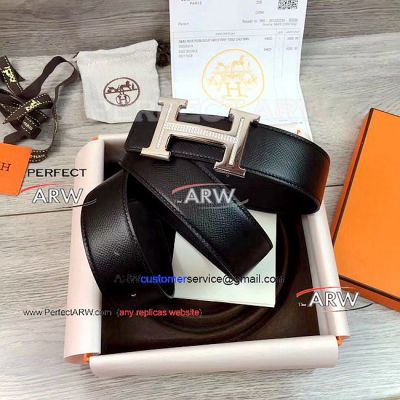 Perfect Replica Hermes All Black Leather Belt With Diamonds Stainless Steel Buckle